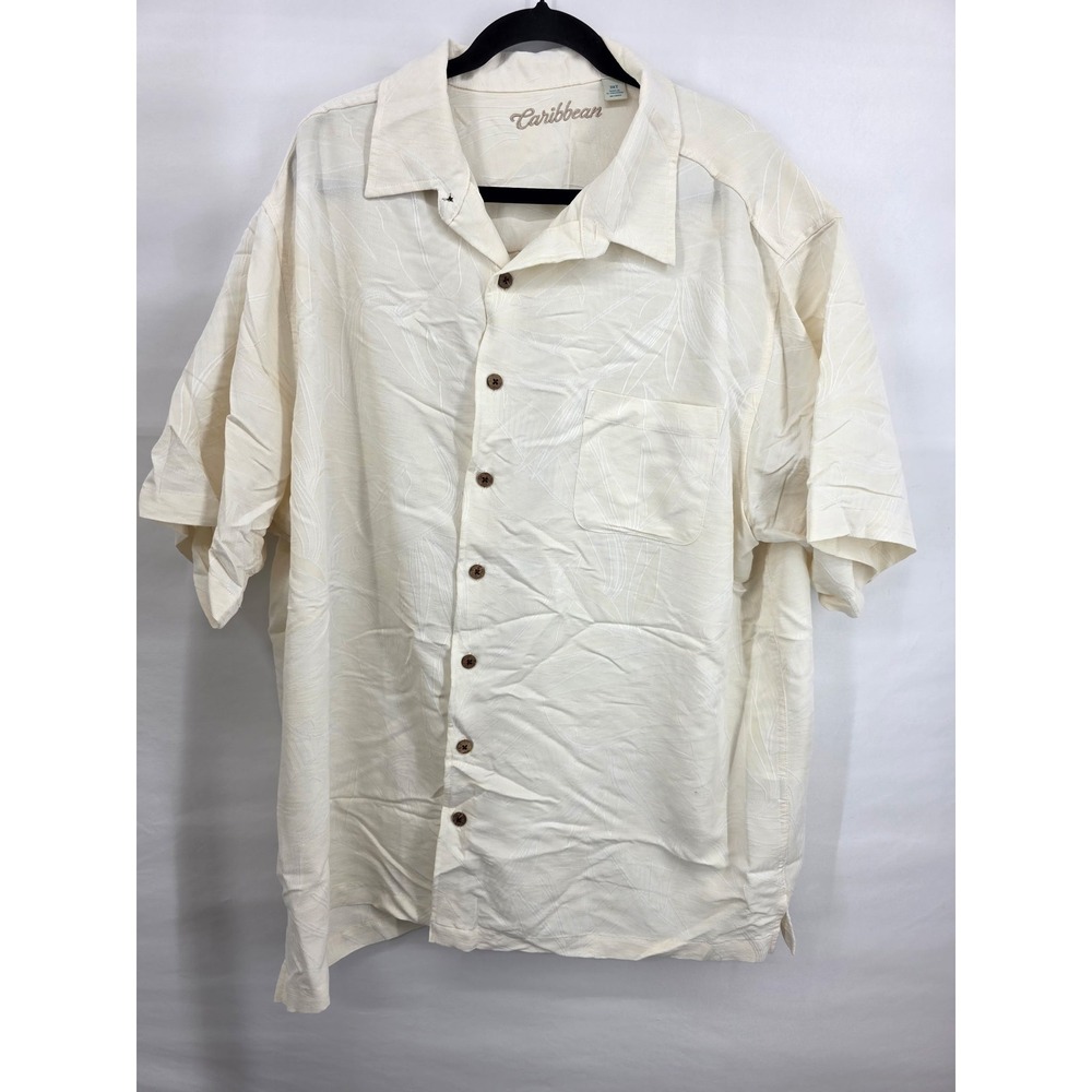 Caribbean Mens 3XT Cream Tropical Jacquard Short Sleeve Button Up Camp Shirt